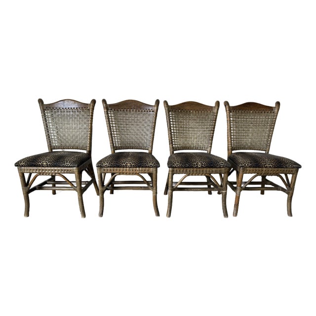 Vintage McGuire-Style Organic Rattan & Leather Dining Chairs – Set of 4 For Sale