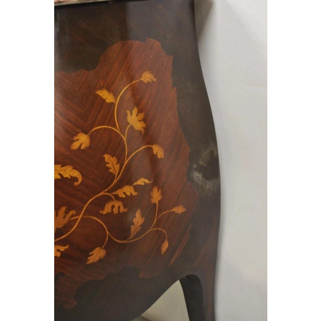 Late 20th Century French Louis XV Style Marble Top Marquetry Inlay & Bronze Bombe Commode Dresser For Sale - Image 9 of 12
