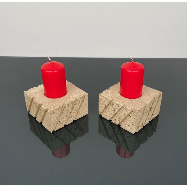 Pair of heavy candle holders (1 kg each) in travertine marble by Fratelli Mannelli. Made in Italy in the 1970s. This piece...
