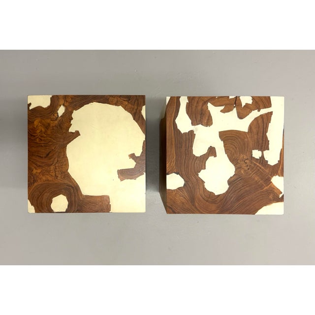Chestnut Vintage Burl Wood & Lacquered Parsons Pedestal Tables – Pair For Sale - Image 8 of 8
