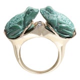 Vintage 14k Malachite and Diamond Kissing Frogs Artisan Ring, Size 8.25 For Sale