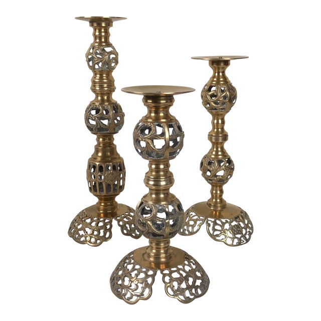 Tall Pierced Vintage Brass Candle Holders - Set of 3 ...
