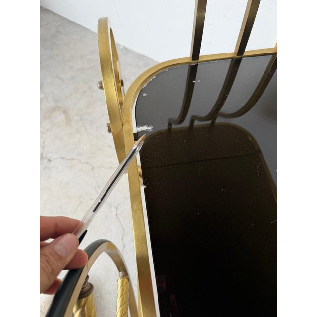 1960s Italian Hollywood Regency Scrolled Brass & Black Glass Two-Tier Bar Cart For Sale - Image 12 of 14