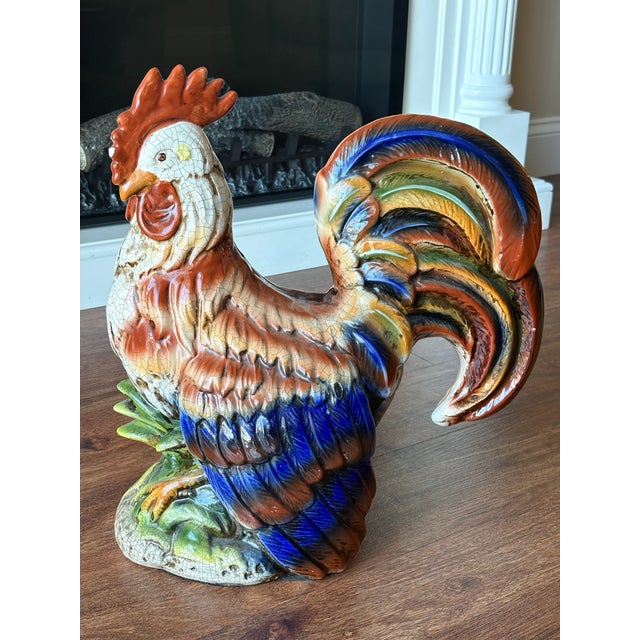 Mid 20th Century Vintage Large Italian Majolica Pottery Rooster Chicken Sculpture - 17" For Sale - Image 5 of 7