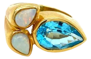 Mid 20th Century Blue Topaz & Fire Opal 18k Yellow Gold Floral Ring - Size 7.5