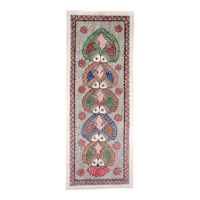 Symphony of Fish — Original Hand-Painted Madhubani Folk Art by National Award-Winning Artist Mamta Devi For Sale