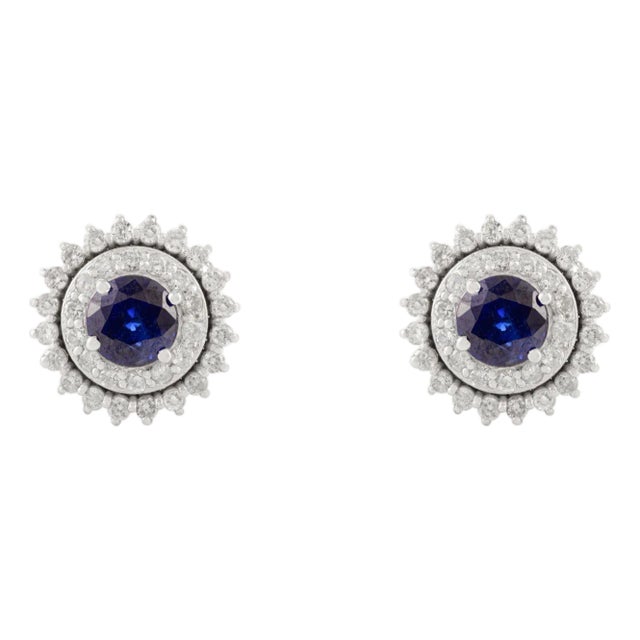 Double Halo Sapphire Diamond Cluster Earrings- 2 Pieces For Sale