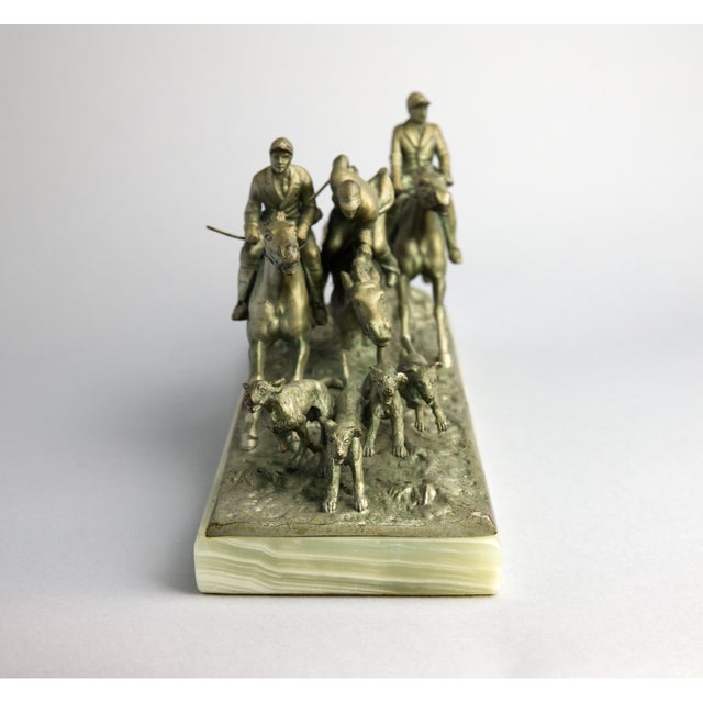 Continental Gilt Metal Equestrian Hunt Group, Circa 1900 — Riders, Horses & Hounds on Green Onyx Base For Sale - Image 4 of 14