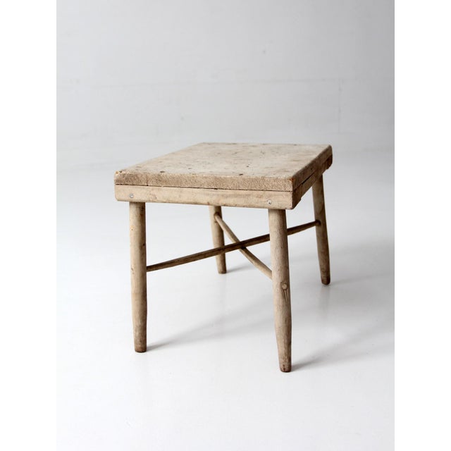 Off-white Antique Primitive Painted Wood Farmhouse Stool For Sale - Image 8 of 17