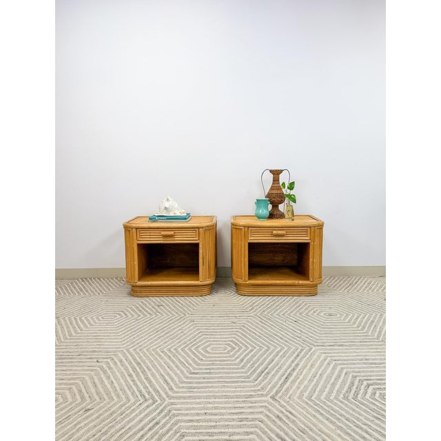 Beige Mid 20th Century Pair of Blonde Ribbed Pencil Reed Rattan Nightstands Coastal Hollywood Regency For Sale - Image 8 of 11