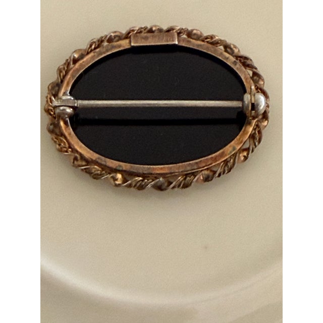 Traditional Vintage Brooch, With "Symmetalic" Hallmark (Originating Around 1936), a Gemstone, Framed by Sterling Silver + 14k Gold Rope Twist Frame For Sale - Image 3 of 4