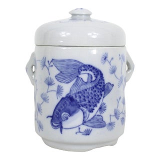 Vintage Chinoiserie Asian Koi Fish Canister Lidded Jar or Pot, Ceramic With Lid Blue and White For Sale