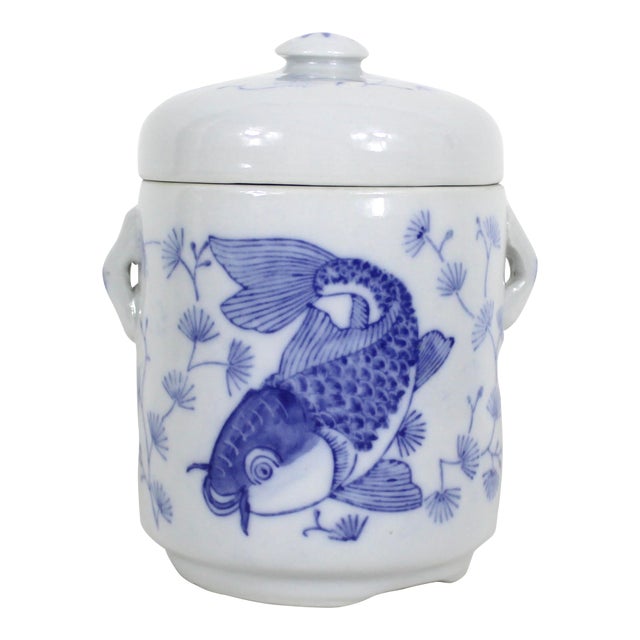 Vintage Chinoiserie Asian Koi Fish Canister Lidded Jar or Pot, Ceramic With Lid Blue and White For Sale