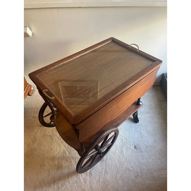Antique Mahogany Butler’s Cart - Glass Serving Tray Top - Drop Leaf Sides For Sale In New York - Image 6 of 7
