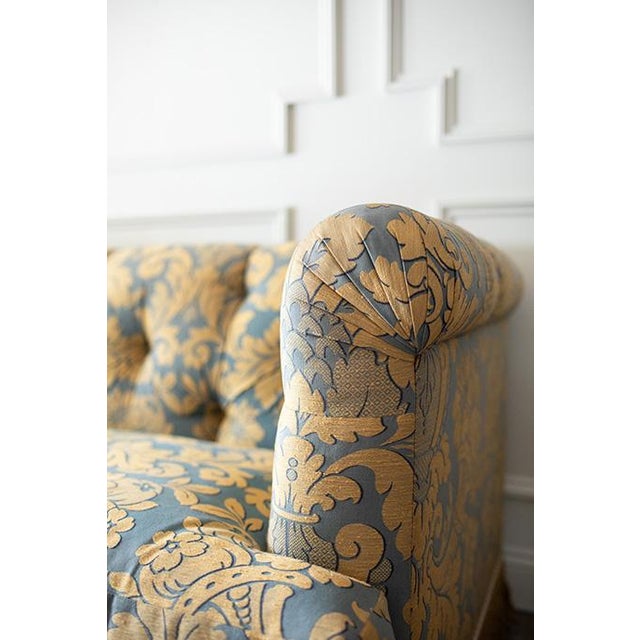 Vintage Damask Traditional Tufted Rolled-Arm Sofa With Fringe Skirt For Sale - Image 4 of 18