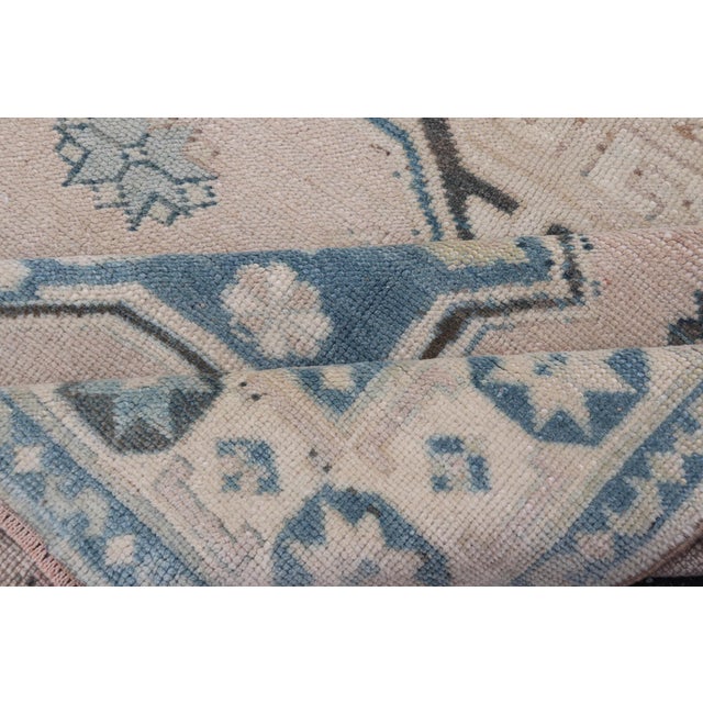 Vintage Turkish Oushak Rug With Soft Beige and Blue Medallion Patterns For Sale - Image 9 of 10