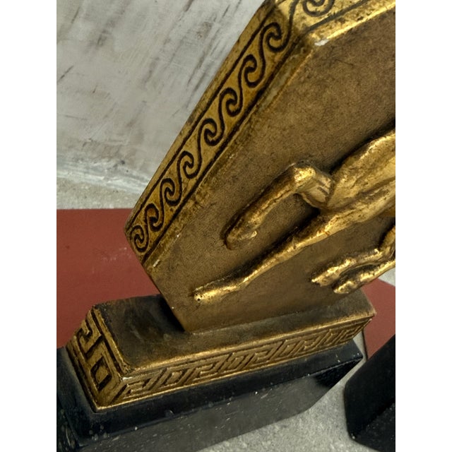 Early 20th Century Rare 1930’s Italian Regency Equestrian Bookends by Borghese With Horse & Greek-Key Design in Gold Gilt on a Black Faux Granite Base- A Pair For Sale - Image 5 of 12