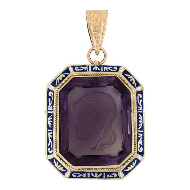 Vintage Art Deco Amethyst Intaglio Pendant Enamel 14k Yellow Gold Carved For Sale