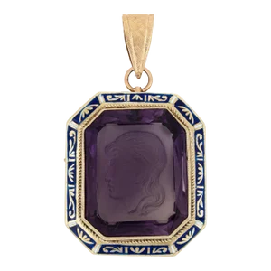 Vintage Art Deco Amethyst Intaglio Pendant Enamel 14k Yellow Gold Carved