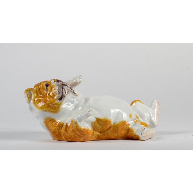 Glazed terracotta sculpture statue glazed bulldog belly up lying italy measures 28 x 15 x h 12 category size: height cm 12...