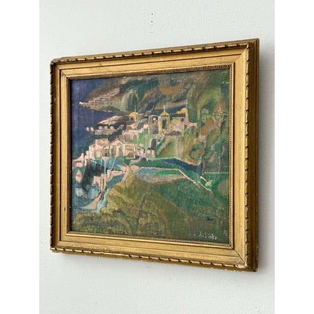 Olive Mid-Century Dreamlike Amalfi Coast Townscape by Italian Modernist Giuseppe Di Lieto For Sale - Image 8 of 12