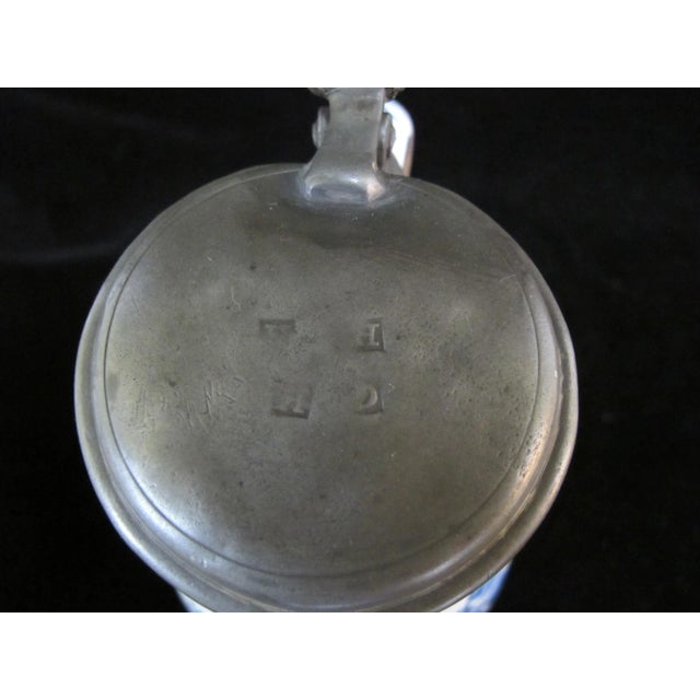 German Faience Pottery Pewter Mounted Blue & White Birnkrug Tankard Pitcher For Sale - Image 10 of 11
