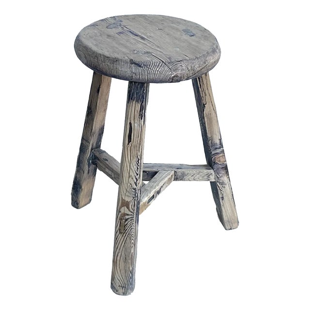 Rustic Raw Rough Wood Grain Round Top Tri-Legs Stool Side Table For Sale