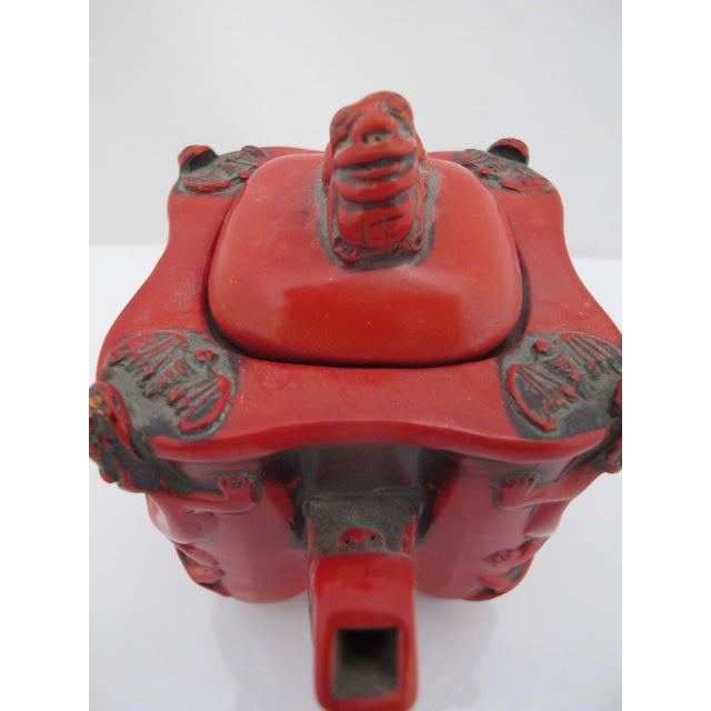Chinese Red Lacquer Climbing Foo Dog Finial Lid Decorative Teapot For Sale - Image 9 of 11