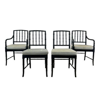 Set of 4 Mid Century Faux Bamboo Dining Chairs With Caned Seat & Tufted Cushions For Sale