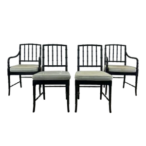 Set of 4 Mid Century Faux Bamboo Dining Chairs With Caned Seat & Tufted Cushions
