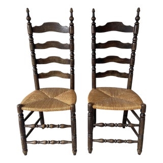 Country-Style Chairs in Walnut and Straw, 1950, Set of 2 For Sale