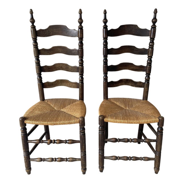 Country-Style Chairs in Walnut and Straw, 1950, Set of 2 For Sale