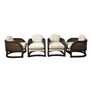Set of 4 Willow and Reed Barrel Caned Outdoor Lounge Chairs
