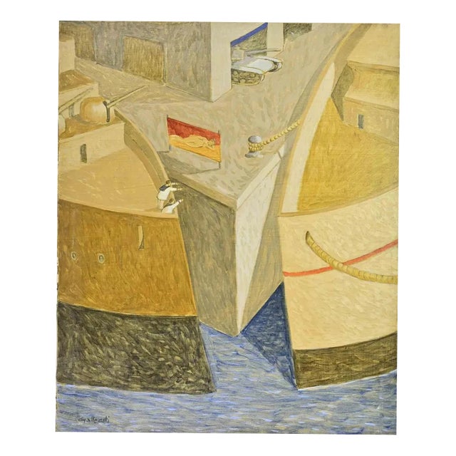 Alberto Gallerati, Two Ships, Two Sailors, Oil on Canvas, 1970s For Sale