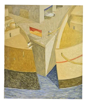 Alberto Gallerati, Two Ships, Two Sailors, Oil on Canvas, 1970s