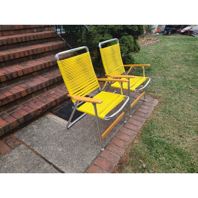 Vintage 1960's Set of 2 Aluminum Outdoor Chairs The Telescope Folding Furniture Company Stained Wood Arms Patio Furniture...