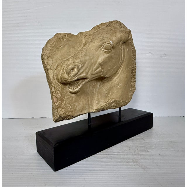 This casted horse head is based on ancient reliefs. Mounted on a simple black pedestal the piece brings and ancient yet...