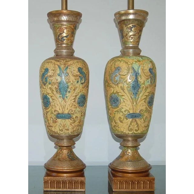 Mid-Century Modern Vintage Marbro Ceramic Egyptian Lamps of Gold - a Pair For Sale - Image 3 of 10