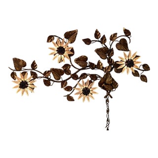 Vintage Italian Gilt Tole Sunflower Wall Sconce, 48.5 In For Sale