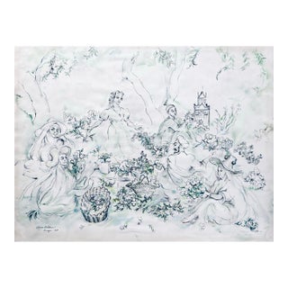 Vintage Edgar Bohlman Original Painting 1939 Watercolor Ink Painting Tangier Morocco Garden Scene For Sale