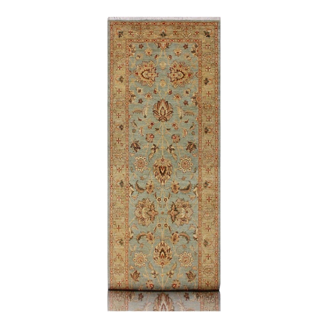 Shabby Chic Ziegler 1990's Blue/Green Wool Runner Rug- 4'0'' X 11'7'' For Sale