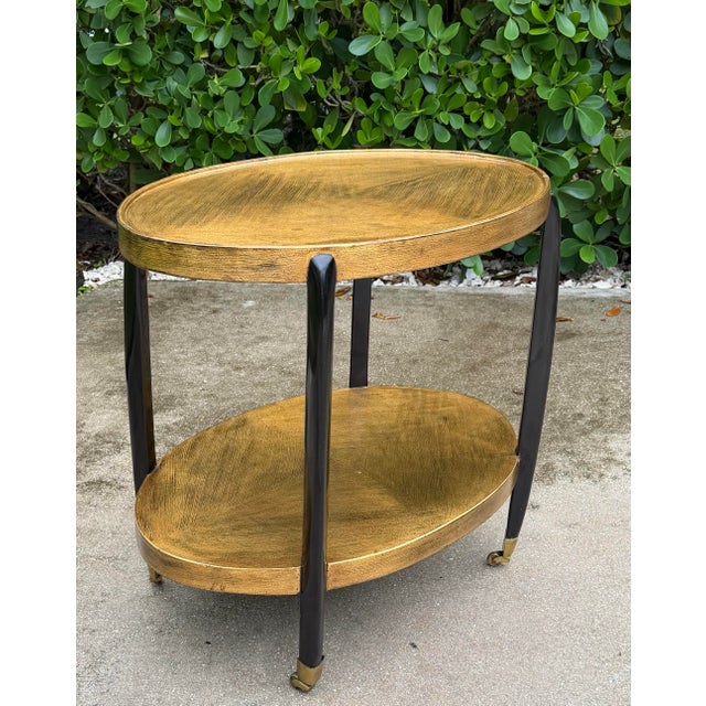 Karl Springer Vintage Gold and Black Oval Bar Cart on Brass Casters For Sale - Image 4 of 12