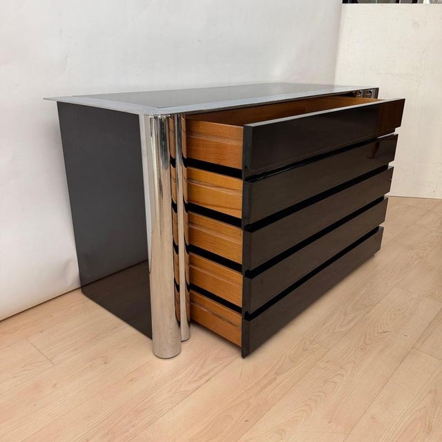 Wood Chest of Drawers in Black Lacquer and Chrome by A. Mosca for Cinova, Italy, 1969 For Sale - Image 7 of 18