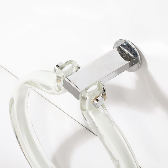 This unique and materially dynamic Mid-Century Modernist Hand-Blown White Glass Towel Holder W/ Chrome Fittings by Venini...