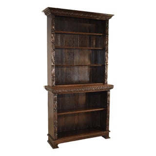 19th Century English Oak Tall Carved Bookcase For Sale