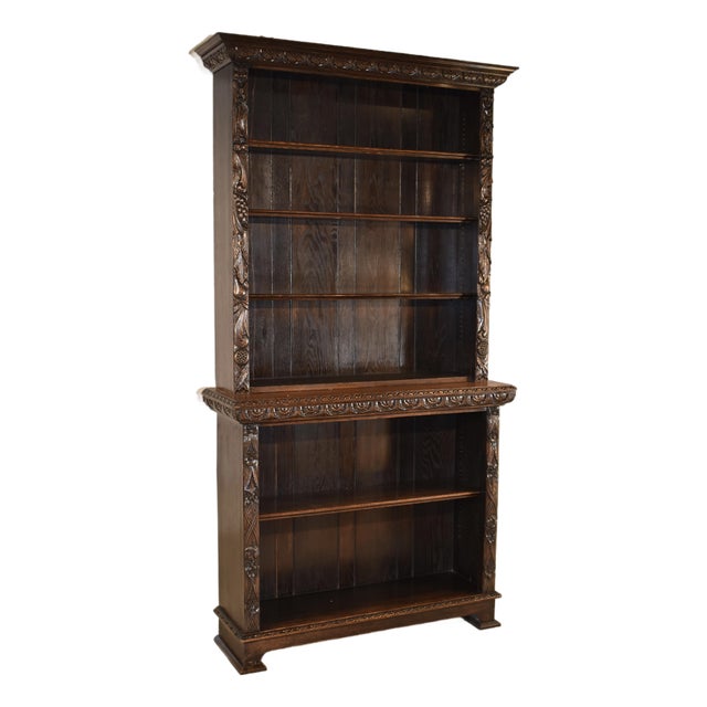 19th Century English Oak Tall Carved Bookcase For Sale