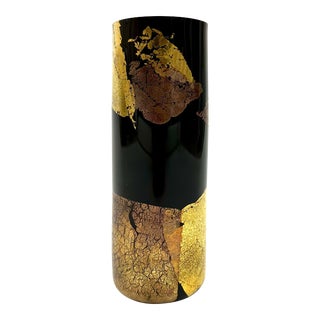 Randy Strong C1988 Art Deco Black Glass With Gold Leaf Cylinder Vase For Sale