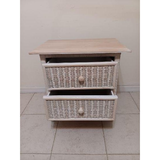 Nightstand Whitewash Wood Wicker Metal Detail Coastal Style Style: Coastal Color: Whitewash Dimensions: 26" W x 26" H x 16" D
