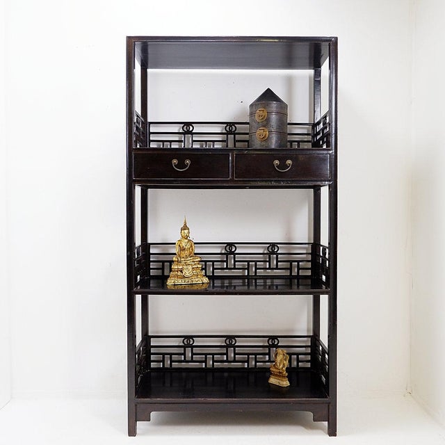 Asian Art - Antique Decoration Vintage lacquered elm bookcase, handcrafted, four-tiered, in Chinese Ming style, with two...
