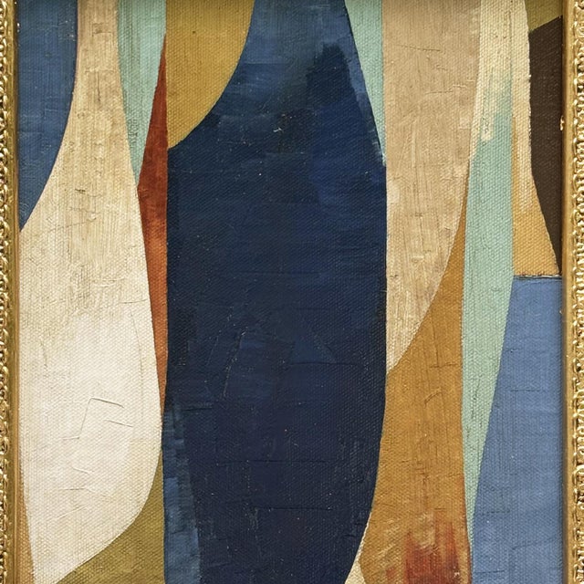 Mid-Century Modern Contemporary Abstract Oil Painting in Vintage Navy Blue Painted Frame For Sale - Image 3 of 6
